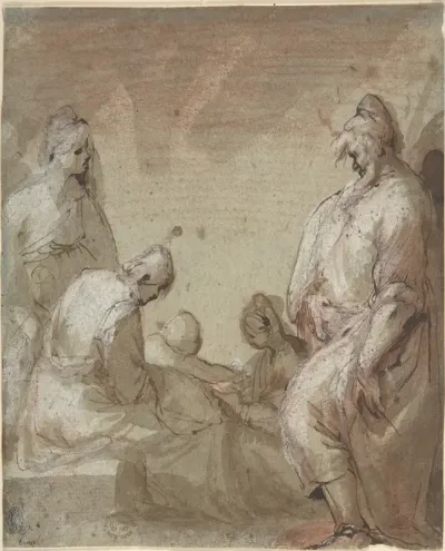 Group of Four Standing and Seated Figures and a Child