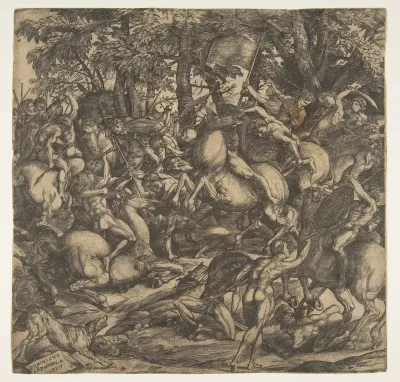 Group of naked men engaged in battle in a wooded landscape, some on horseback; a dog at lower left.