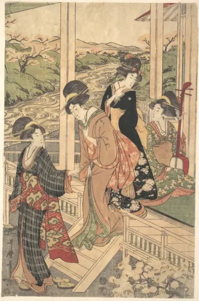 Group of Women on the Engawa of a Country House, in the time of the Cherry Blossoming — Utamaro II Kanvas Tablo