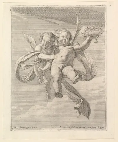 Groupe de deux angelots (l'un regardant de face et l'autre vers la gauche)