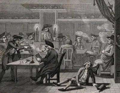 Groups of men sitting at tables smoking and having a merry time: one man has fallen to the floor and spilled his tankard of ale