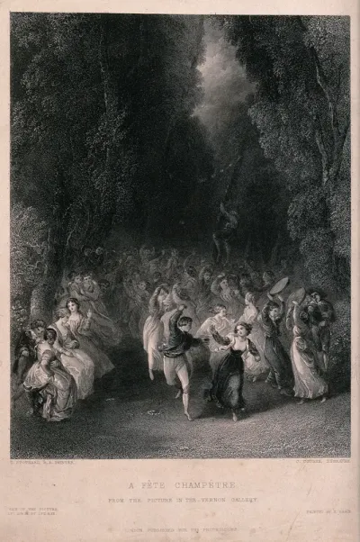 Groups of young men and women dancing through the woods
