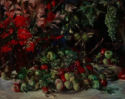 Grünes Stilleben mit Früchten und Gladiolen