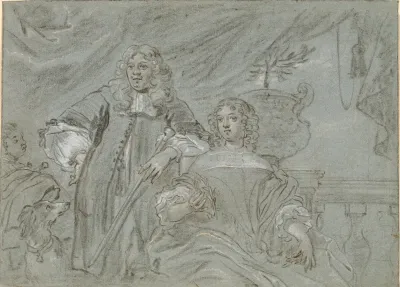Gruppe af en siddende dame og en stående herre, knæfigurer. I baggrunden en sort afrikaner og en hund, t.h. en ballustrade