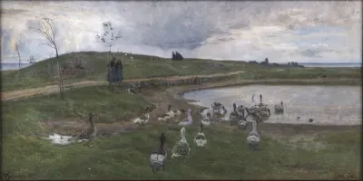 Gæs ved en sø. Mod uroligt vejr. Dragør