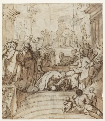 Gæstebuddet i Betania. Maria salver Jesu fødder og tørrer dem i sit hår (Johs.12,3)