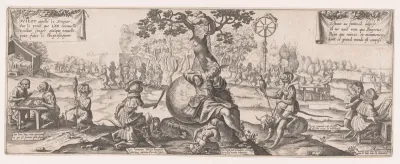 Guilot de dromer in slaap onder een boom temidden van een groep apen (singerie)