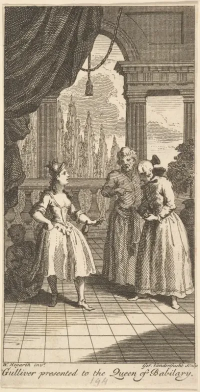 Gulliver Presented to the Queen of Babilary, Frontispiece to "The Travels of Mr. John Gulliver"