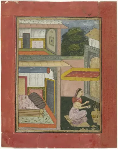 Gunakari Ragini, vrouw zittend in een hof van een paleis