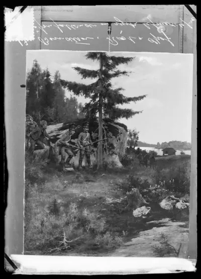 Gunnar Berndtson: "Root ja Spoof hyökkäävät venäläisen muonasaattueen kimppuun 1808" vuodelta 1880