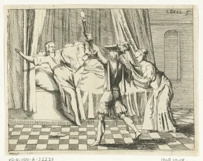 Gusman d'Alfarache bij bed met dames