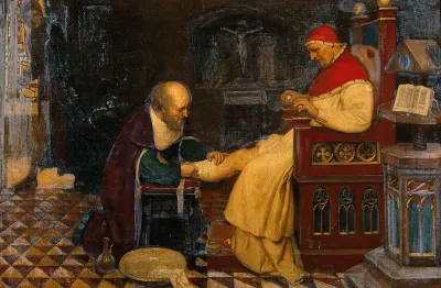 Guy de Chauliac bandaging the leg of Pope Clement VI at Avignon, while Petrarch, his enemy, jealous of his influence, watches him, ca