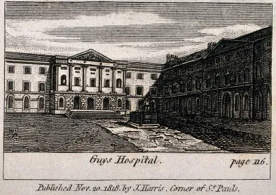 Guy's Hospital: the entrance courtyard, with a patient being carried in on a stretcher
