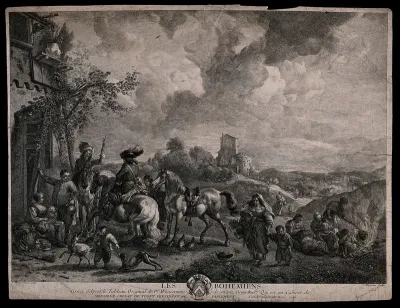 Gypsies living on the hillside outside a tavern; two men are on horseback, while others are carrying baskets of food, cooking and tending to children