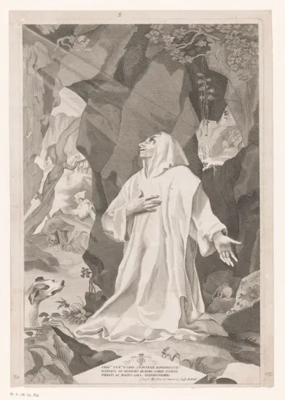 H. Bruno geknield in een grot