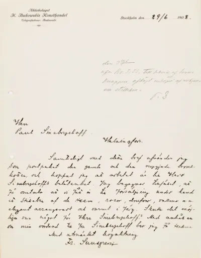 H. Bukowskis konsthandel, letter to Paul Sinebrychoff 29.6.1908