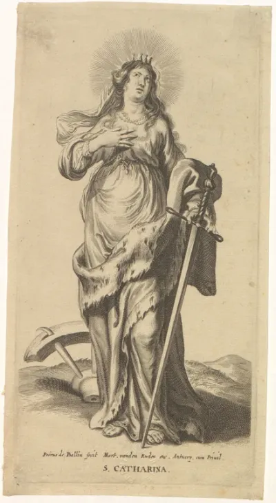 H. Catherina van Alexandrië, staande, met de linkerhand op een zwaard steunend, achter haar een gebroken wiel