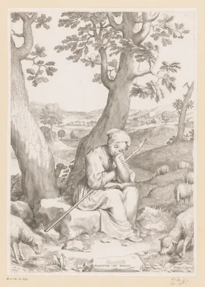 H. Geneviève, lezend, met kudde schapen in een landschap
