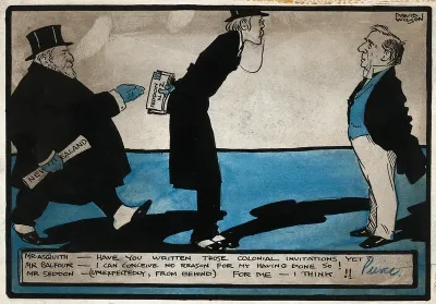 H.H. Asquith (right) asks Arthur Balfour (centre) whether he has sent out invitations to colonial leaders; Balfour replies that he has not, but Richard Seddon, Prime Minister of New Zealand, enters from the left to claim his invitation. Drawing by Da