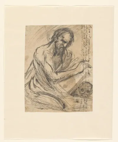 H. Hieronymus, schrijvend in een boek dat hij boven een schedel houdt