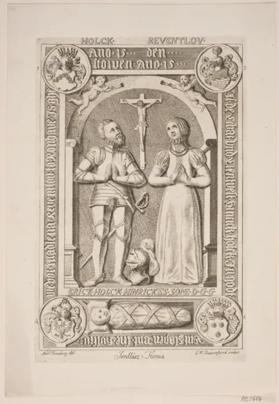 H. Holck og hustrus gravsten. Illustration til ”Nobilitas Daniae ex monumentis”