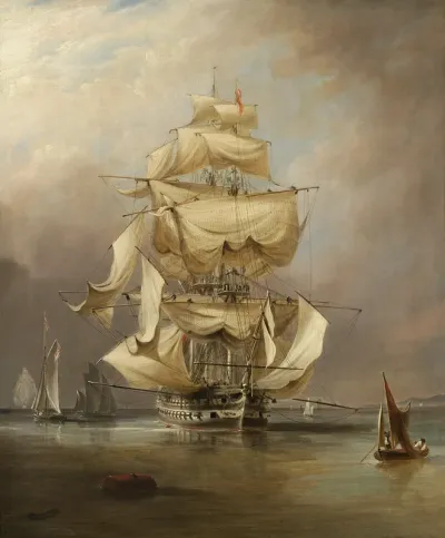 H.M.S. Asia taking in her sails