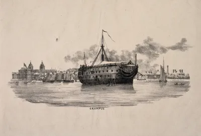 H.M.S. Grampus, a hospital ship, lying off Deptford Creek, Greenwich, sailing boats nearby. Lithograph by W. P. Kay, ca. 1827