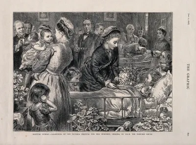 H.R.H. The Princess Louise, with many patients, nurses and doctors in a ward of the Victoria Hospital for Sick Children, Chelsea. Wood engraving by T. W. Lascelles, 1876