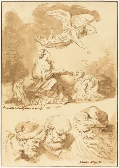 Hagar Consoled by an Angel (from a painting by Castiglione) and Three Heads of Old Men (from a painting by Ricci of Jesus and the Adultress)