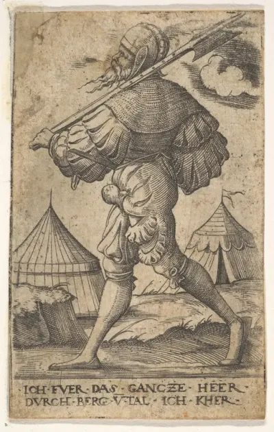 Halberdier walking left and carrying a halberd over his left shoulder, two tents beyond, from "Twelve soldiers of different ranks"