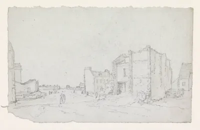 Half afgebroken huizen aan de rand van de stad