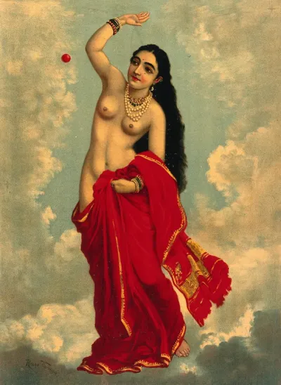 Half-clothed Tilottama flying in the sky playing with a red ball