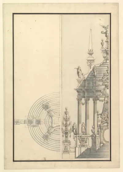 Half Elevation and Half Ground Plan for a Catafalque: Columns Supporting a Steeped Dome with two Obelisks Surmounted by Figure of Fame