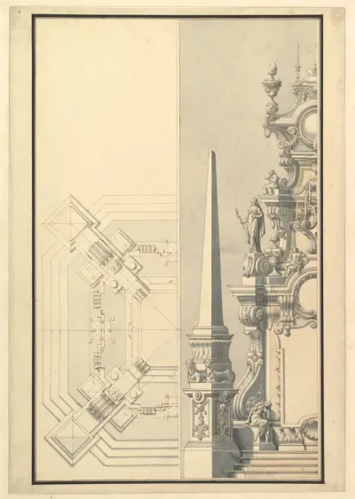 Half elevation and half ground plan for a catafalque for Margherite Louise d'Orleans, Granduchess of Tuscany (1645–1721)