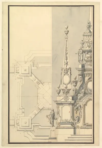 Half Ground Plan and Half Elevation for a Catafalque for a Prince of Hanover, probably Ernst August (1674–1728)