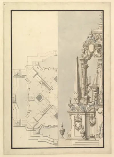 Half Ground Plan and Half Elevation of a Catafalque for Cosimo III dei Medici, Grand Duke of Tuscany (1642–1723)