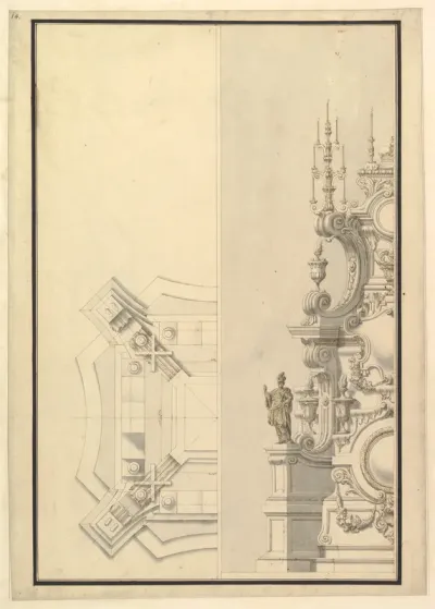 Half Ground Plan and Half Elevation of a Catafalque, surmounted by a royal Crown