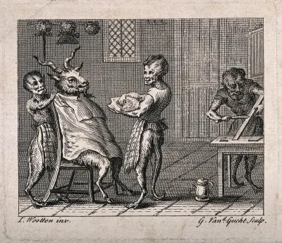 Half-human, half-monkey barbers shaving a goat