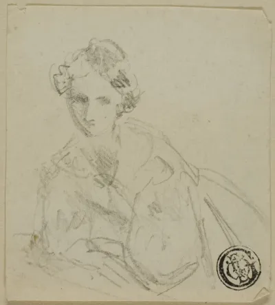 Half-Length Sketch of Woman in Evening Dress Leaning on Balustrade
