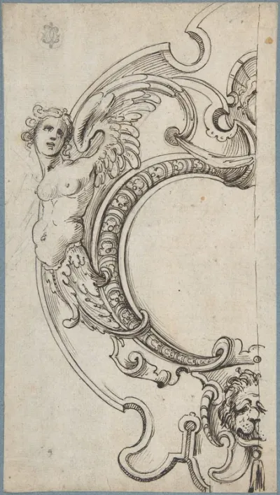Half of a Cartouche with a Female Figure on the Left and a Lion's Head on the Bottom