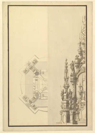 Half Plan and Half Elevation for a Catafalque with Royal Crown Surmounting the Casket