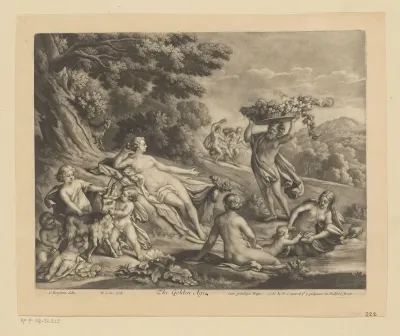 Halfnaakte figuren en bokken in een landschap
