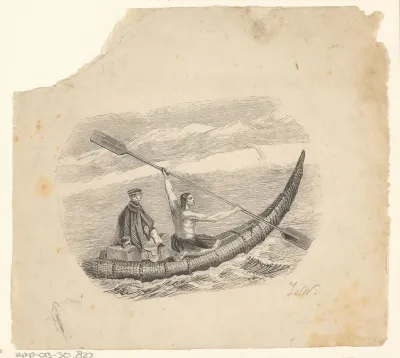 Halfnaakte man een vrouw met bagage vervoerend op een traditionele boot