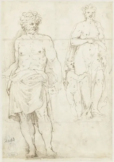 Halfnaakte man (Vulcanus?) en Venus en Amor