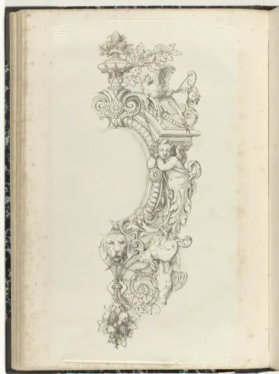 Halve cartouche met putto en dieren
