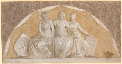 Halvrundt felt med tre runde kvindefigurer, de to yderste med skjolde, der synes at vise, at de fremstiller Norge og nordtyske lande (Stormarn og Ditmarsken?). Den midterste symboliserer formodentlig Danmark