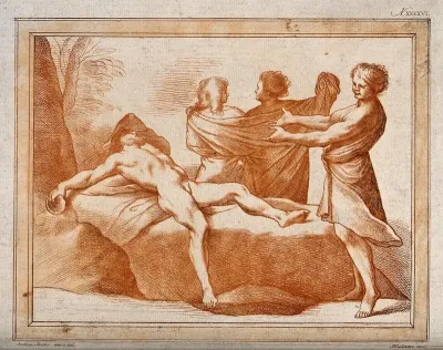 Ham sees his father, Noah, naked and drunk; Shem and Japheth turn away