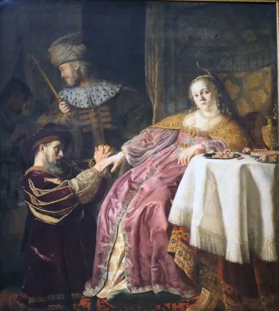 Haman begging Queen Esther for his life, while King Ahasuerus orders his execution  (Esther 7:7)