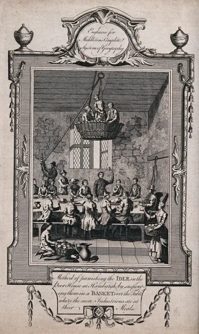 Hamburg: four poor people accused of idleness are suspended in a basket over a table of diners in a workhouse