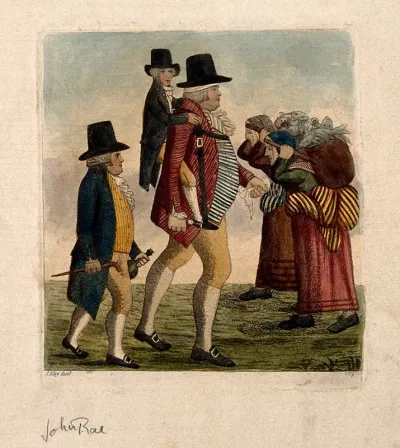 Hamilton Bell carrying a vintner's boy on his back from Edinburgh to Musselburgh, accompanied by John Rae, a pair of fishwives walk in the other direction